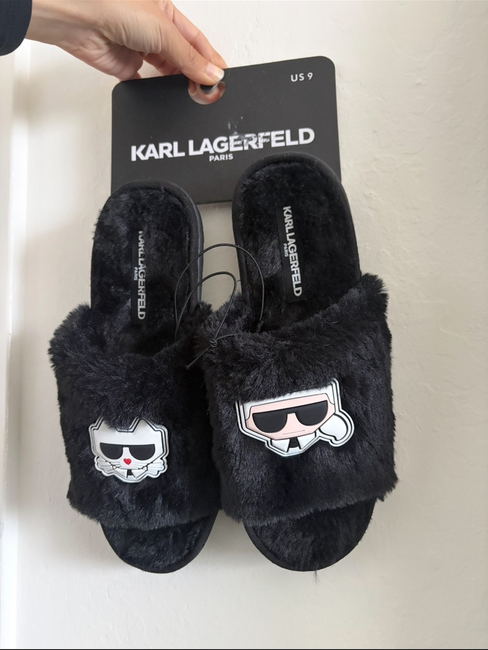 Karl Lagerfeld Black Faux-Fur Slide Sandals with Logo Strap